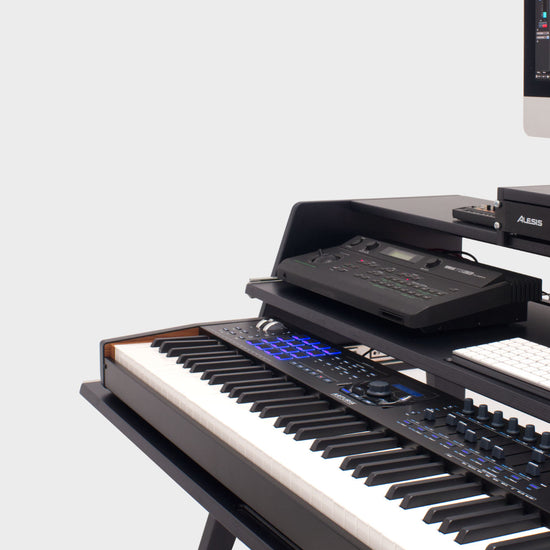3 tier music production desk with two keyboard trays in black